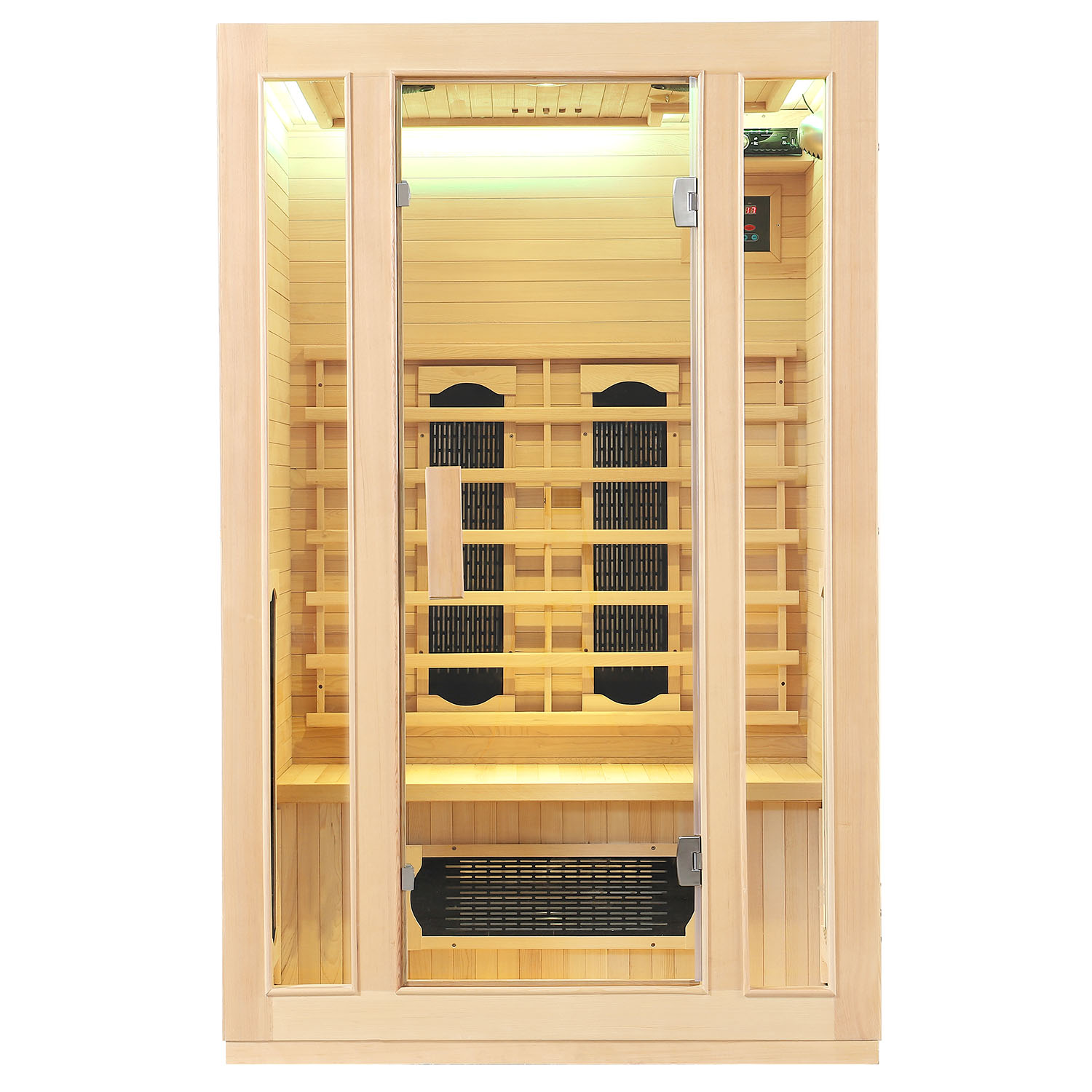 Juskys Infračervená sauna/tepelná kabina Nyborg S120K s keramikou, panelovým radiátorem a dřevem Hemlock