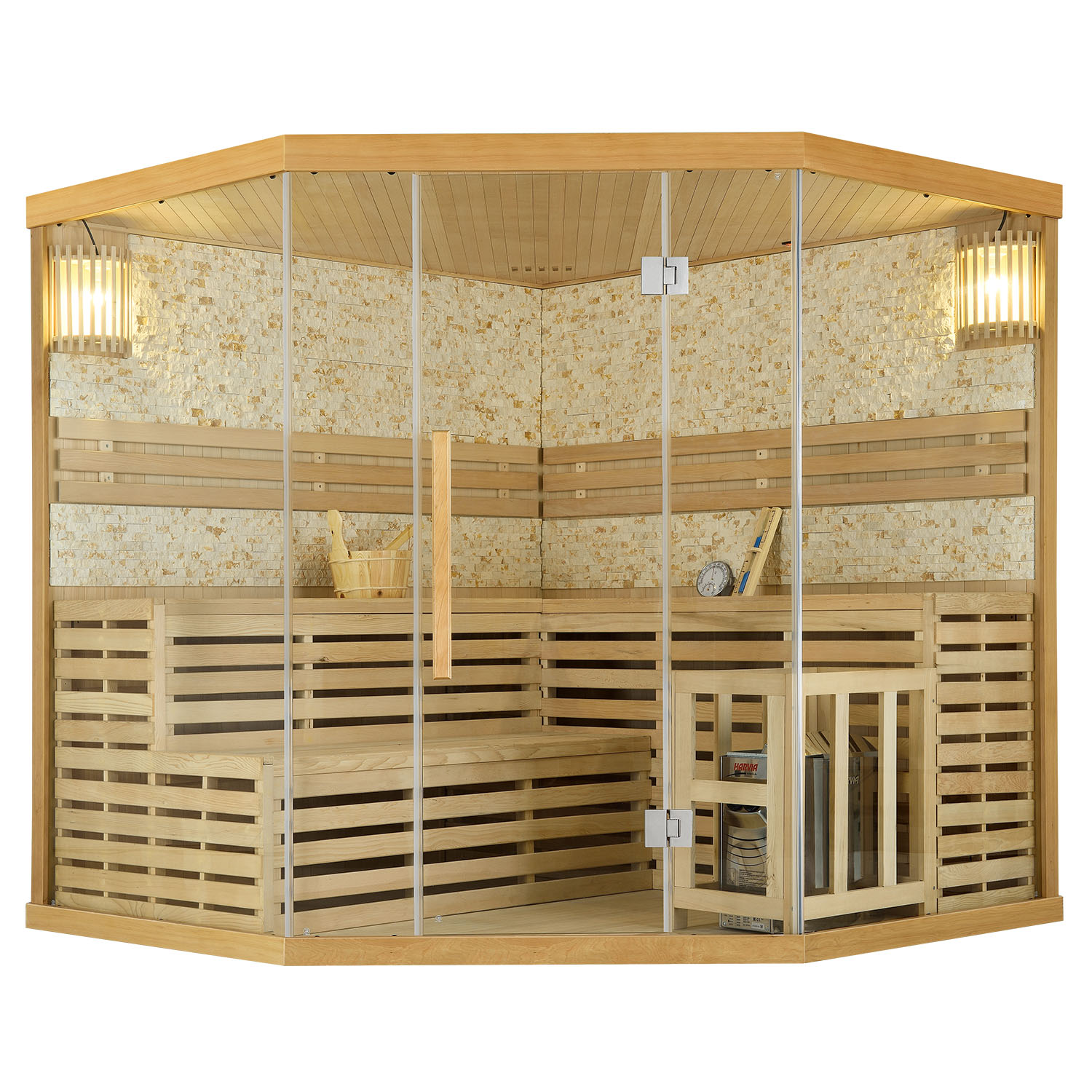 Levně Juskys Tradiční saunová kabina / finská sauna Espoo200 s kamennou stěnou Premium - 200 x 200 cm 8 kW