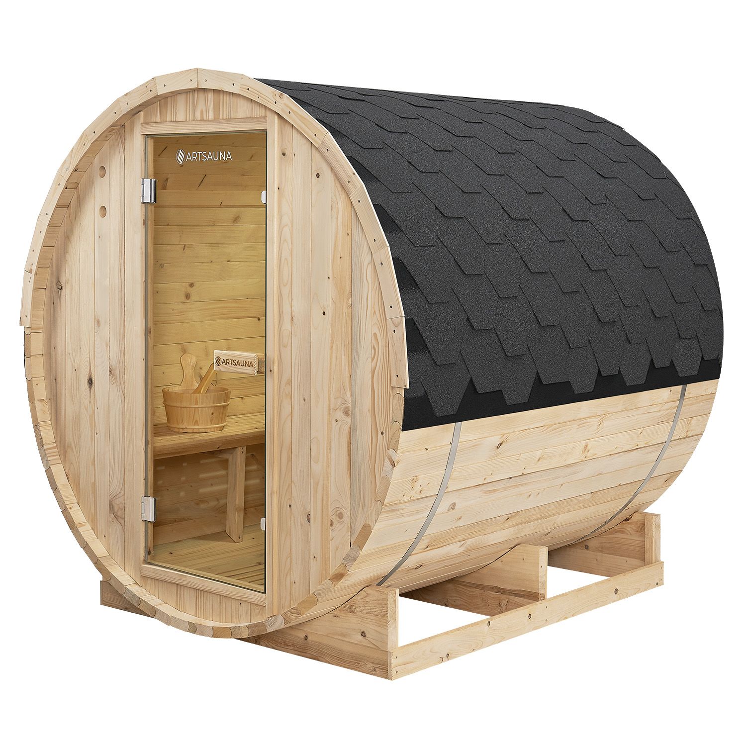 Juskys Venkovní sudová sauna Spitzbergen L délka 180 cm průměr 180 cm (6 kW)